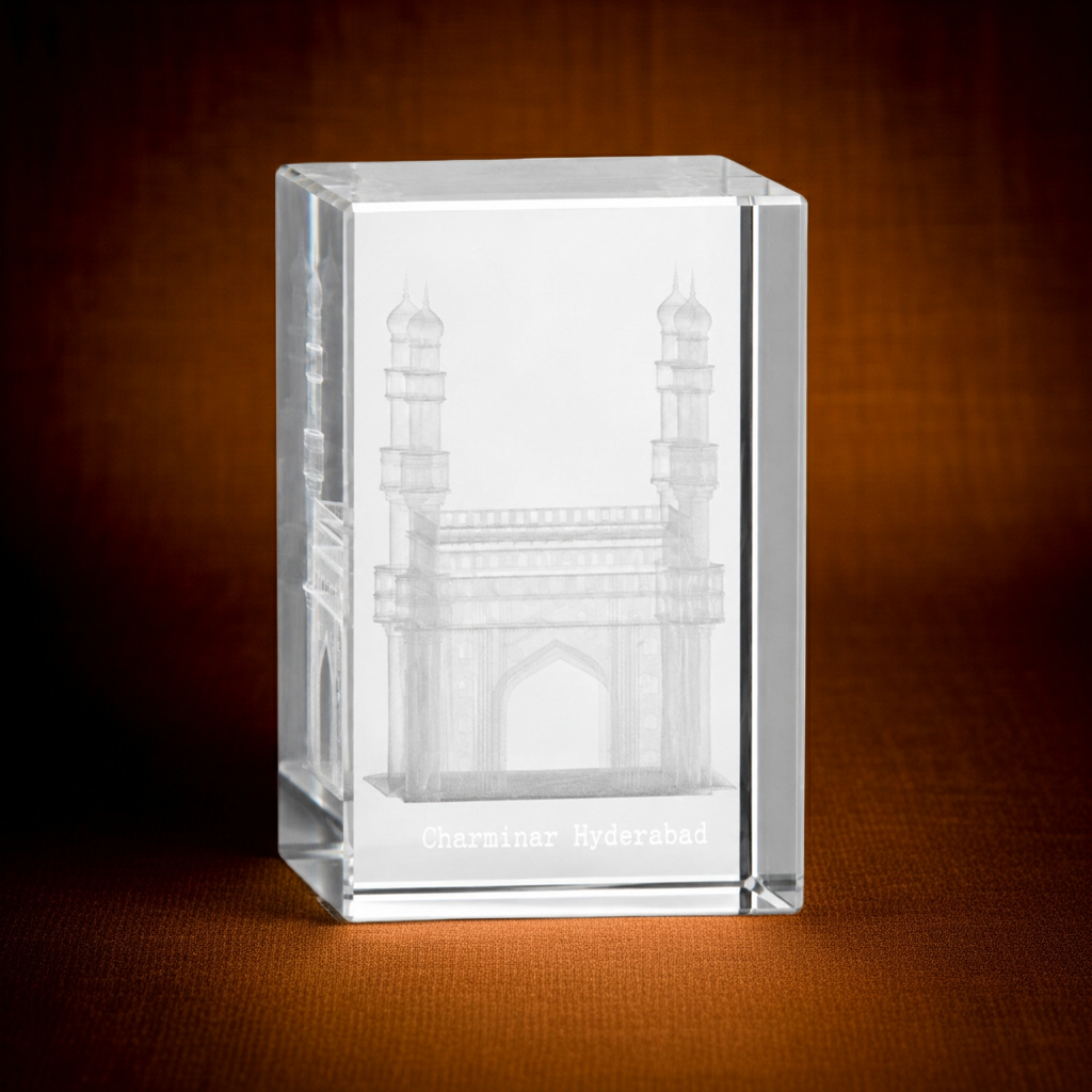 3D Crystal Charminar Hyderabad Souvenir Gift – Premium Laser Engraved Optical Crystal Collectible Showpiece for Home & Office Décor (3 x 2 x 2 Inch)