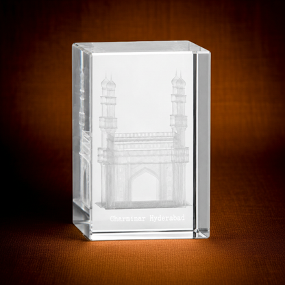 3D Crystal Charminar Hyderabad Souvenir Gift – Premium Laser Engraved Optical Crystal Collectible Showpiece for Home & Office Décor (3 x 2 x 2 Inch)