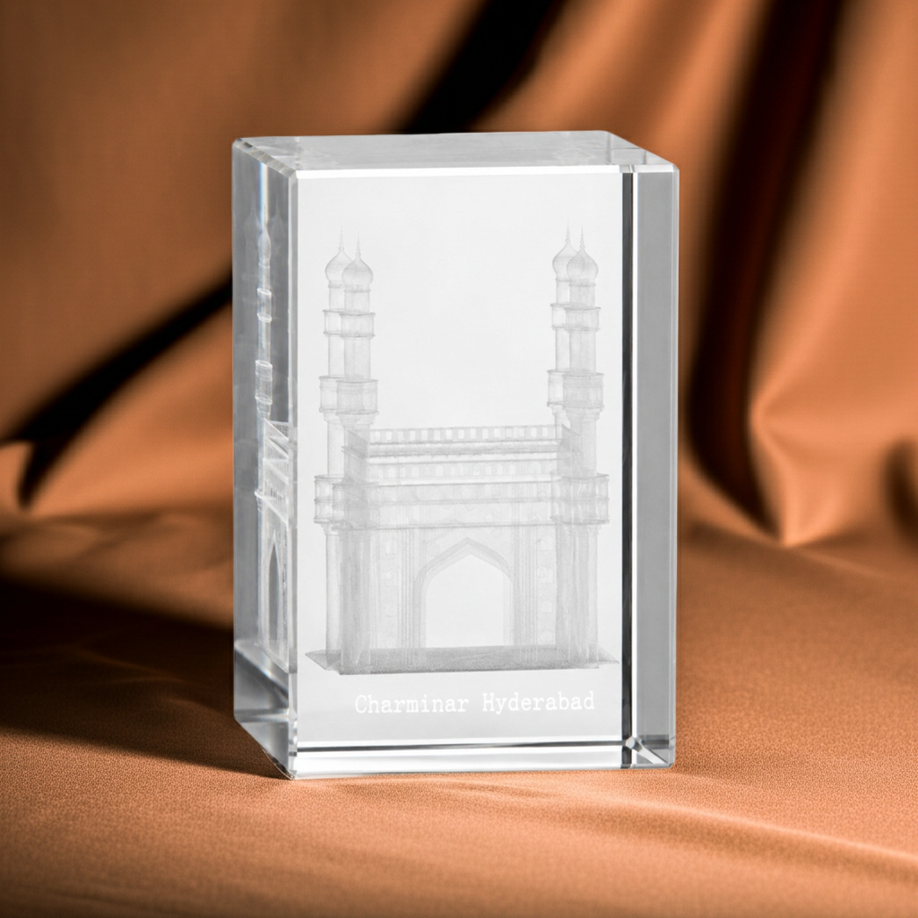 3D Crystal Charminar Hyderabad Souvenir Gift – Premium Laser Engraved Optical Crystal Collectible Showpiece for Home & Office Décor (3 x 2 x 2 Inch)