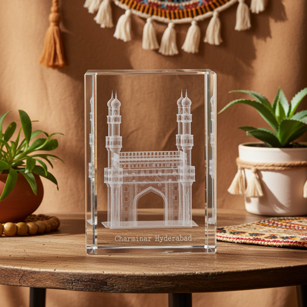 3D Crystal Charminar Hyderabad Souvenir Gift – Premium Laser Engraved Optical Crystal Collectible Showpiece for Home & Office Décor (3 x 2 x 2 Inch)